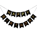 Black and gold Happy Birthday swallowtail banner for party background decoration - Small Fishtail Birthday Banner / Black
