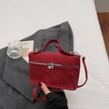 Dark red suede box handbag with heart zippers styled on a grey blazer outfit - Burgundy