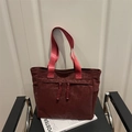 Large burgundy leopard print tote bag with red strap and decorative tassel - Red