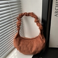 Brown faux suede crescent bag with ruched handle and minimalist modern design - Brown