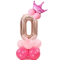 Rose gold number 0 balloon set with pink Happy Birthday Princess crown and latex base - Rose Gold Number Guide 0