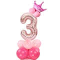 Rose gold number 3 balloon column with pink crown for girl 3rd birthday party - Rose Gold Number Guide 3