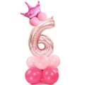 Palloncino numero 6 oro rosa con corona da principessa rosa e base di palloncini - Guida Numero Oro Rosa 6