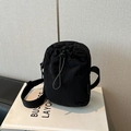 Mini black nylon crossbody phone bag with adjustable strap and drawstring pocket - Black