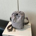 Light grey nylon mini crossbody phone bag with drawstring front pocket for outdoor use - Gray