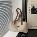 Minimalist cream linen tote bag with brown leather straps and contrast stitching details - Brown