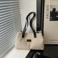Minimalist beige linen tote bag with black leather straps and rectangular patch - Black