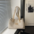 Minimalist beige canvas tote bag with brown faux leather handles and large capacity design - Khaki