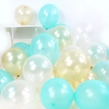 Mix of mint green, pearl white, and ivory latex balloons with a subtle pearlescent finish - Gold + White + Light Blue