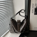 Deep brown textured faux leather tote bag with stylish buckle and adjustable shoulder strap - Coffee