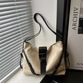 Minimalist large-capacity cream tote bag with black contrast straps and buckle detail - White and Black