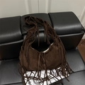 Bolso de hombro de ante café oscuro con flecos largos de estilo bohemio retro vintage - Marrón