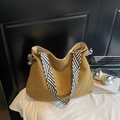 Corduroy tote bag in mustard yellow with woven black and white striped shoulder strap - Khaki