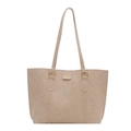Minimalist beige leather tote bag with long straps and gold hardware for women - Khaki
