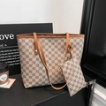 Retro monogram large tote bag and matching coin purse set with brown leather accents - Khaki