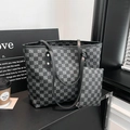 Large black and gray checkerboard tote bag with matching round coin purse charm - Black