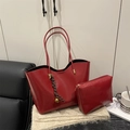 Burgundy faux leather tote bag set with matching pouch and stylish charm detail - No Pendant / Red