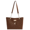 Borsa tote leopardata marrone con ciondolo a cervo dorato e tracolla a catena - Marrone