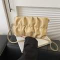 Chic pleated cloud shoulder bag in creamy yellow faux leather with thin strap - Khaki