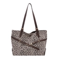 Retro-Leopard-Tragetasche mit braunen Lederriemen und Metallnieten auf weißem Grund - Weiß