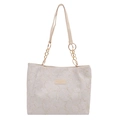 Minimalist beige quilted tote bag with golden chain strap and floral embossed texture - Tote Bag (23-6800) / White Without Pendant