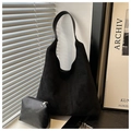 Detail of matte black suede tote bag with wide strap and matching coin purse - Simple Style / Black