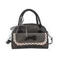 Borsa a spalla in denim grigio con bordo in pizzo e fiocco in pelle per donne - Nero