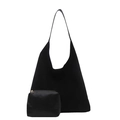 Vintage matte black faux suede tote bag set with matching pouch and minimalist crescent design - Black without Pendant