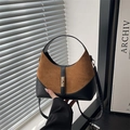Brown suede and black leather patchwork dumplings bag with golden metal twist lock - Brown