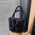 Quilted black puffer tote bag with padded nylon texture and double top handles for women - Black