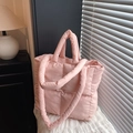Pink quilted puffer tote bag with square stitched embroidery and dual shoulder straps - Pink