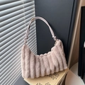 Sac à épaule chic en peluche gris-violet clair avec texture côtelée et bandoulière cuir - Kaki