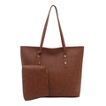 Brown faux leather tote bag set with matching pouch and golden rivets on white background - Brown