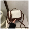 Brown leather mini square bag with white faux shearling flap and gold hardware accents - Brown