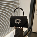 Elegant black suede handbag with square rhinestone buckle and gold chain strap - Black