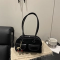 Chic black faux suede underarm bag with front pockets and cherry charm accessory - With Pendant / Black