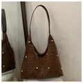 Braune Hobo-Bag mit Leopardenmuster, goldenen Nieten und schmalem Kunstlederriemen - Kaffeebraun