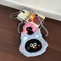 Sac bandoulière chat en peluche bleu clair avec texture douce et poignées roses - Chat à Face Noire