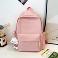 Pink checkered canvas backpack with cute cloud charm for casual campus students - Pink