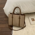 Brown leather trim and beige woven fabric tote bag with double handles and strap - No Pendant / Brown