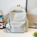 Minimalist creamy white backpack with lattice texture and cloud plush keychain - White