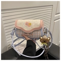 Roze en blauwe geruite crossbodytas met strikdetail en bruine beer pluche hanger - Zacht Mistblauw