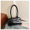 Minimalist black faux leather underarm bag with silver buckle and eyelet details - Black