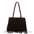 Dark brown suede bucket bag featuring long fringe tassels and a braided shoulder strap - Coffee