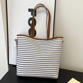 Large capacity striped canvas tote bag with brown leather handles for women daily use - Blue and White Stripes