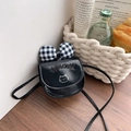 Mini black leather crossbody bag for girls with plaid bow and cat motif detail - Black