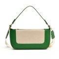 Green leather and woven fabric contrast patchwork baguette bag with shoulder strap - Green