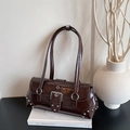 Vintage dark brown patent leather shoulder bag with silver studs and belt buckle detail - Brown
