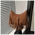 Detail of brown suede tote bag with fringe accents and a decorative metal buckle - Brown
