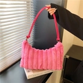 Detail of fluffy pink tie-dye faux fur shoulder bag with soft plush vertical texture - Rose Red